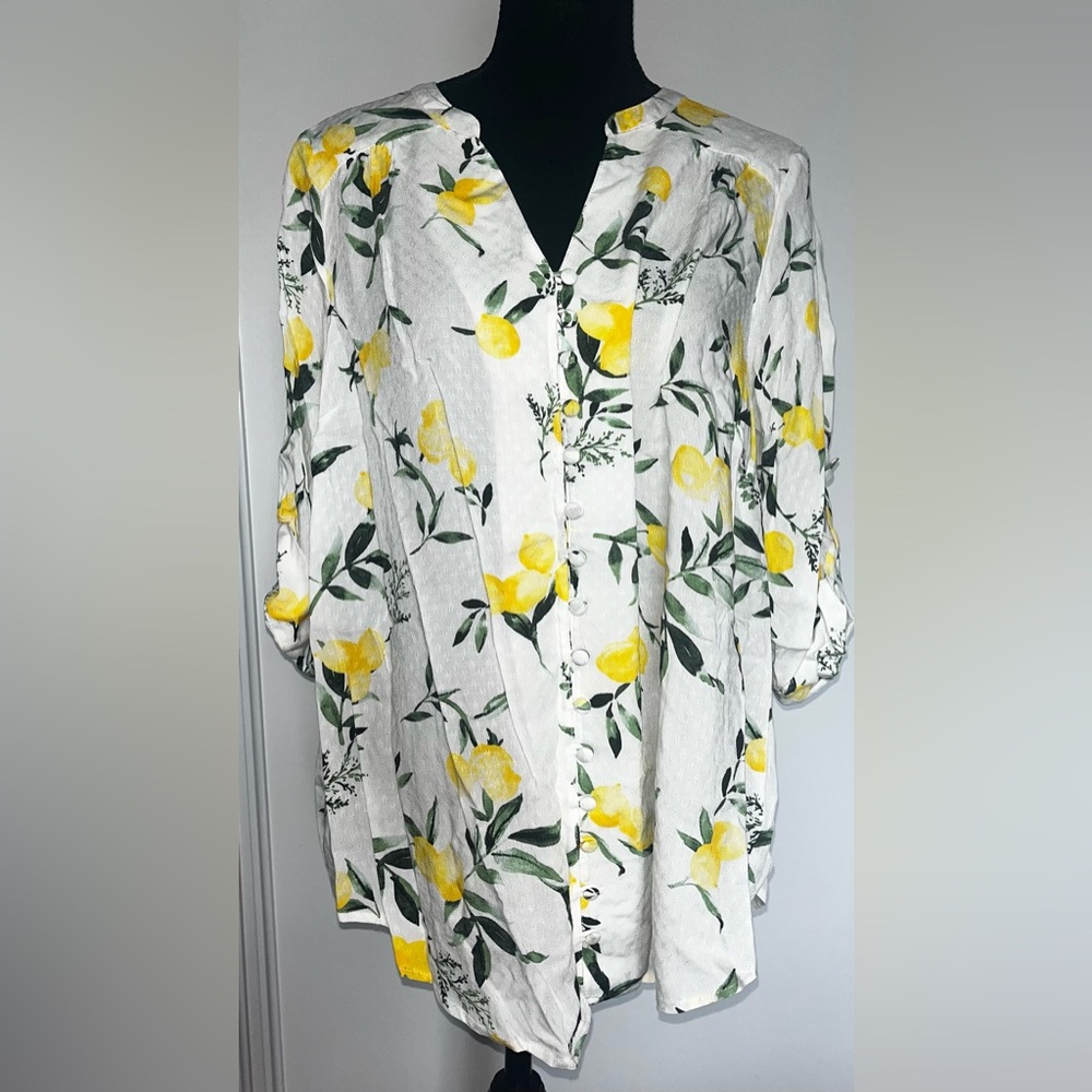 Torrid Yellow and Green Boxy Blouse with Mandarin Collar